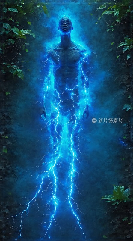 蓝色闪电环绕的人体