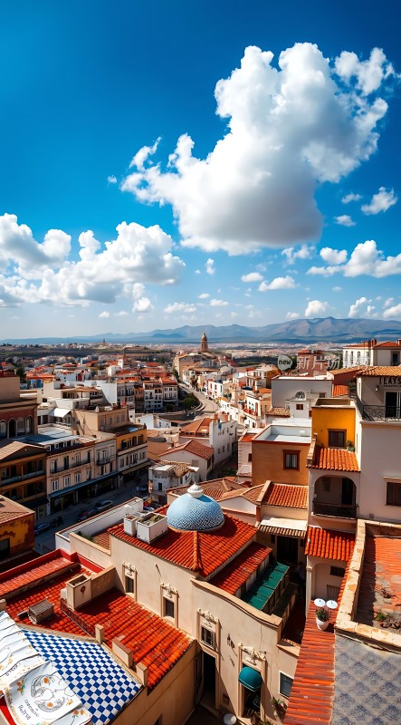 蓝天白云下的古老小镇