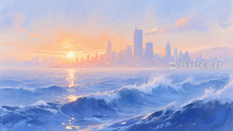 海上日出时的城市天际线