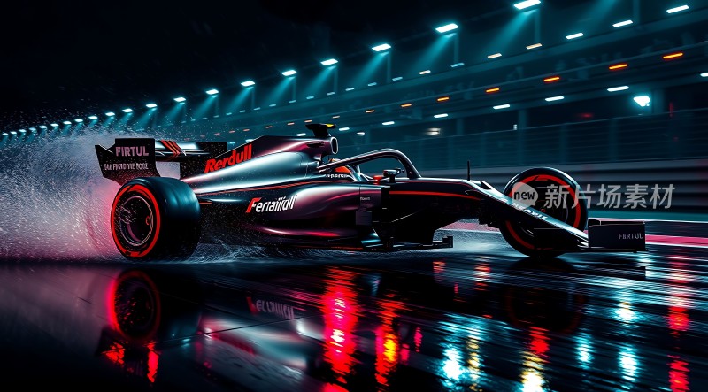 雨夜赛道上的红色赛车疾驰而过