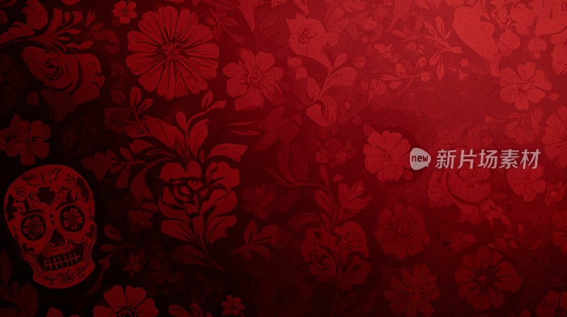 红底骷髅花卉图案背景