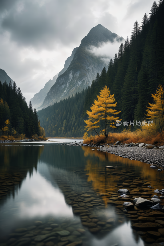 一个湖湖中间有岩石和树木高清风景图片