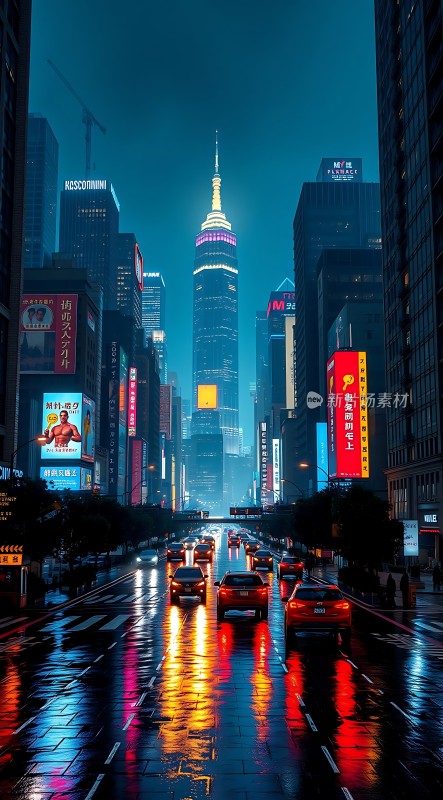 霓虹灯下的都市夜景车水马龙高楼林立