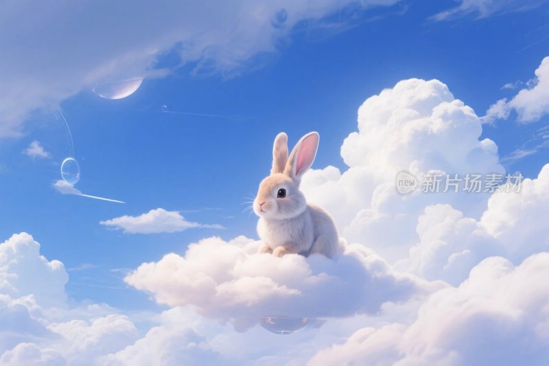 卡通兔子云朵蓝天插画