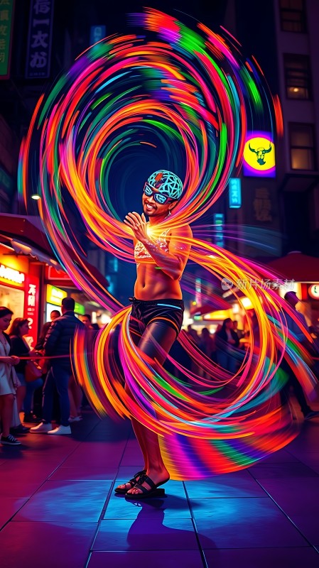 霓虹灯光下炫彩舞者