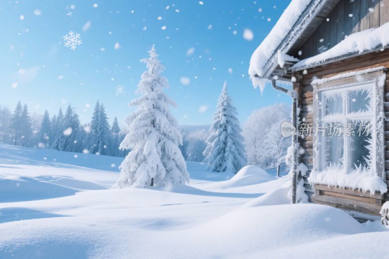 冬日雪景木屋雪松