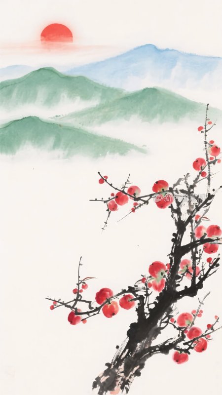 水墨红梅与远山红日图景