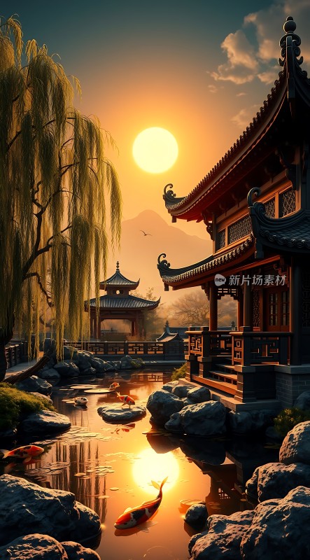 夕阳下的古亭美景