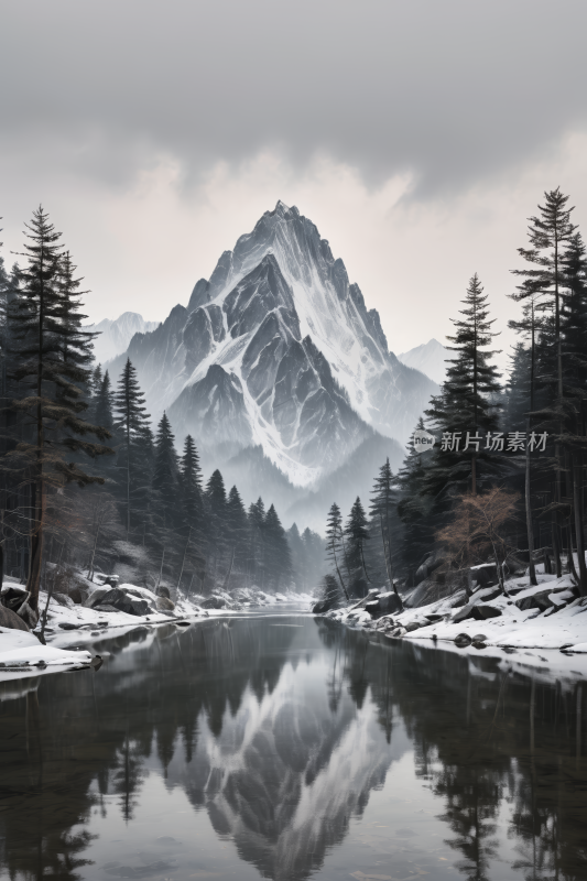 山倒映在雪景中的河流中高清风景插图片