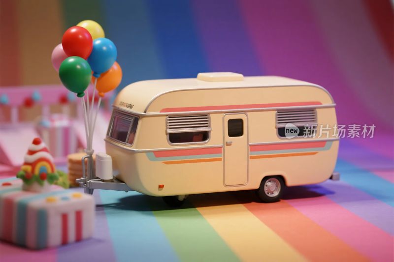 彩色背景上的玩具露营车与气球