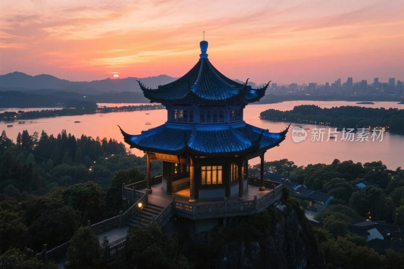 西湖古亭夕阳美景