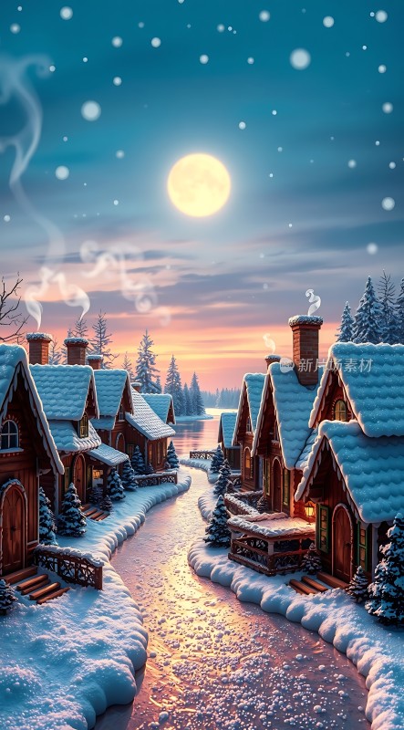 雪夜村庄月光下的温馨小屋