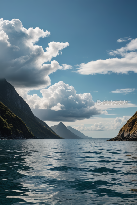 一艘船漂浮在山附近的水中高清风景图片