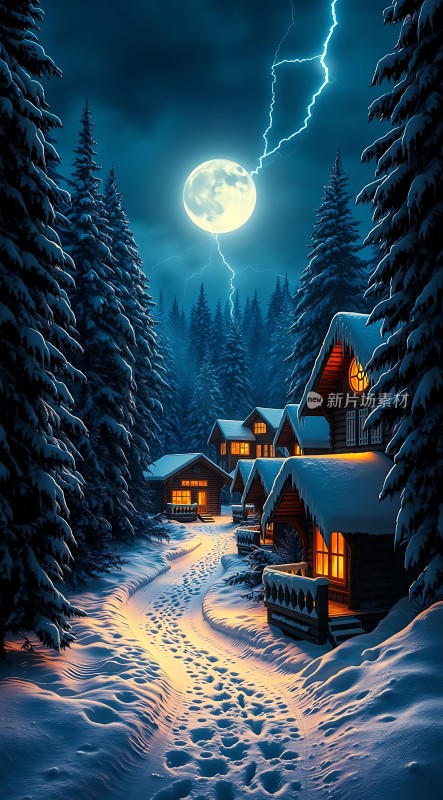 雪夜村庄月光下的温馨小屋