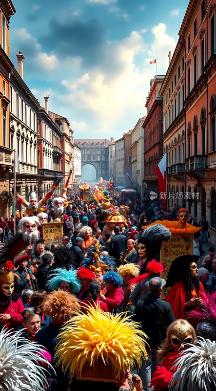 狂欢节盛装游行色彩斑斓的街道庆典