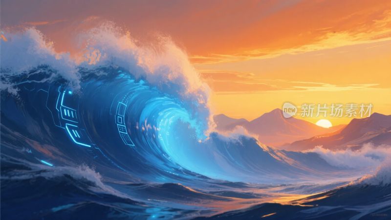 海浪与科技元素的梦幻日落景象