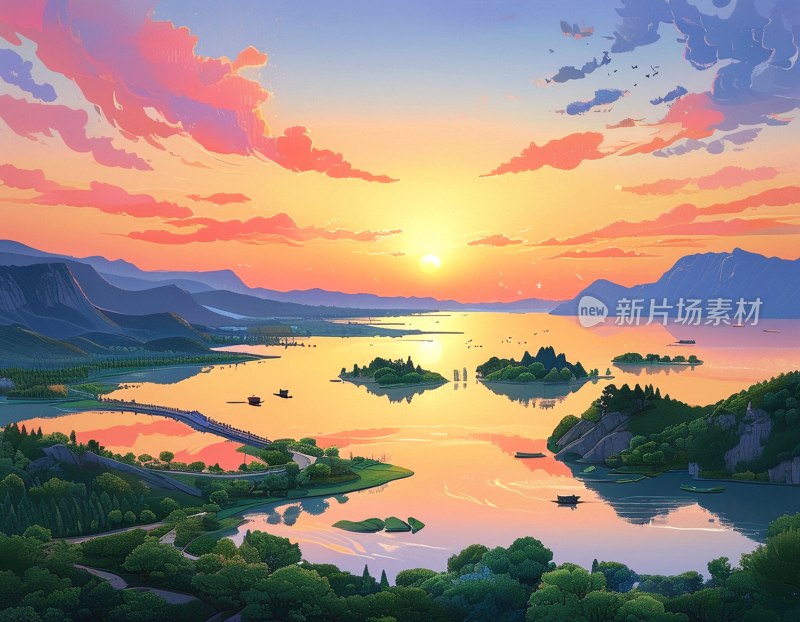 太湖仙岛朝霞映照