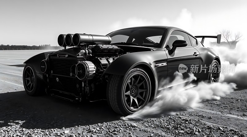 黑色赛车动力十足轮胎冒烟展现速度与激情