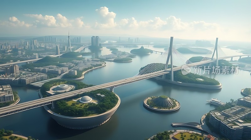 城市风光跨江大桥与绿岛美景