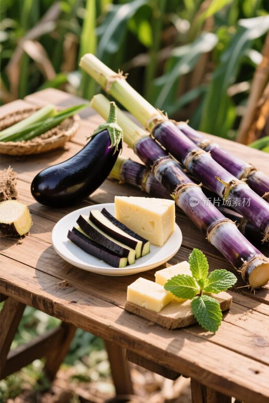 食材摆放木桌场景