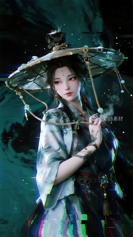 青丝墨发绿裙油纸伞下的古典佳人