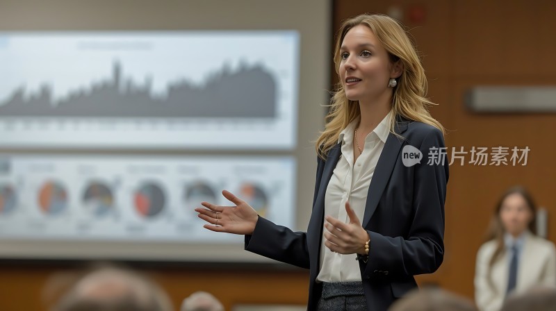 商务女性自信演讲背景数据图表引人注目