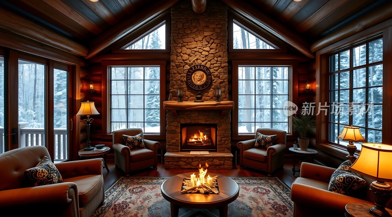 温馨壁炉客厅舒适沙发与自然美景