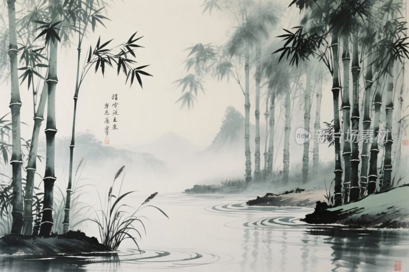 水墨竹林山水国画