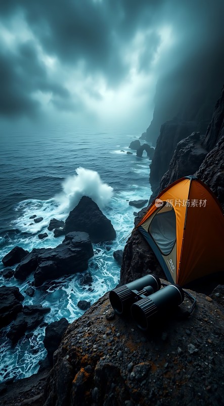 海边的帐篷与双筒望远镜