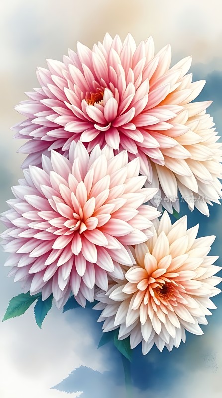 粉白相间的大丽花绽放