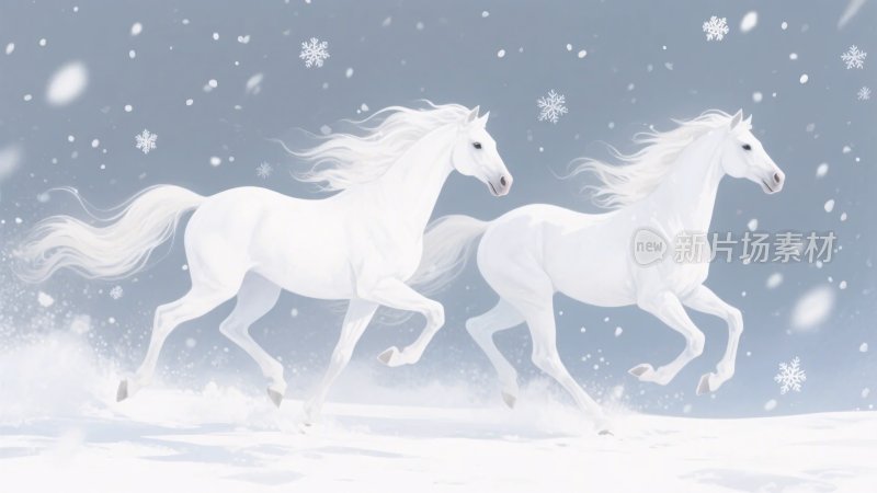 雪地中奔腾的两匹白马