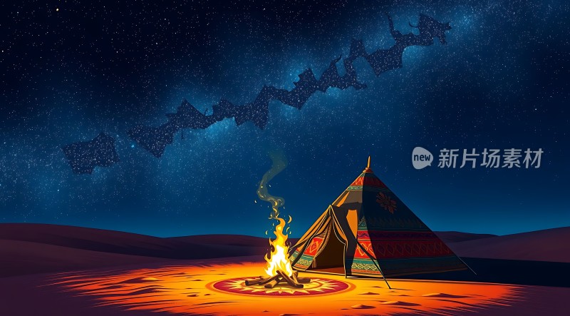 星空下的篝火旁神秘帐篷静候