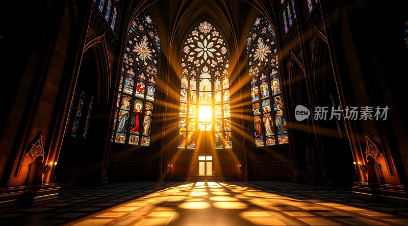 阳光洒满教堂内部彩色玻璃窗透出神圣光芒