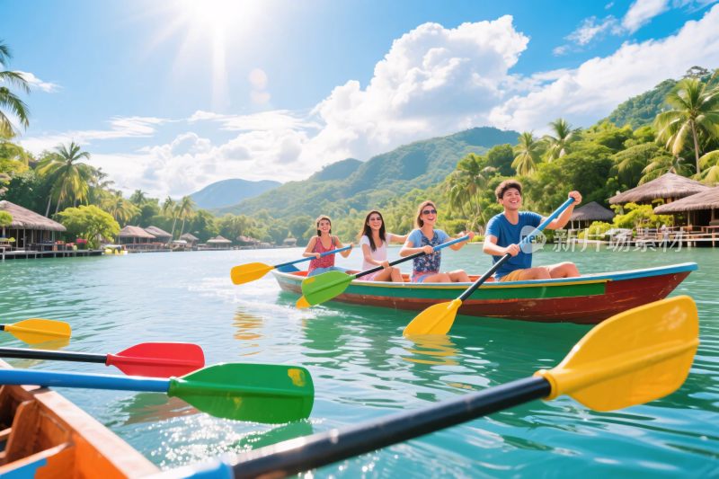 四人在水上划皮划艇游玩