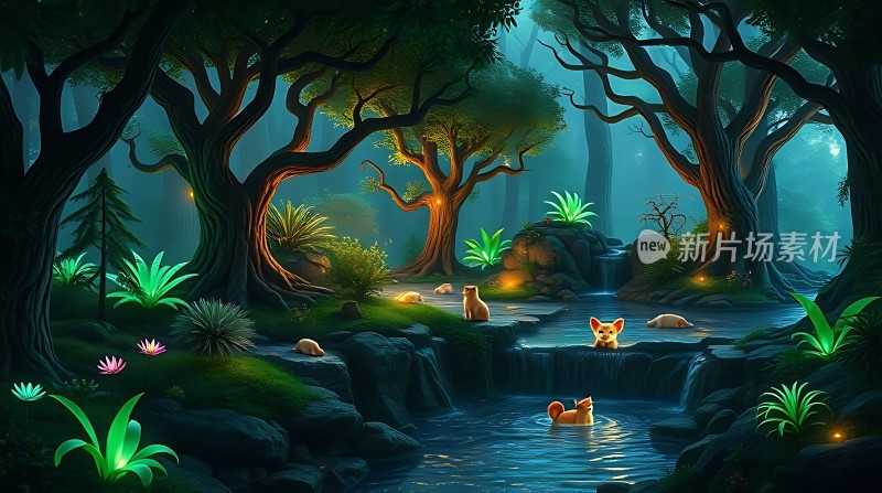 神秘森林夜色中小狐狸嬉戏溪流旁