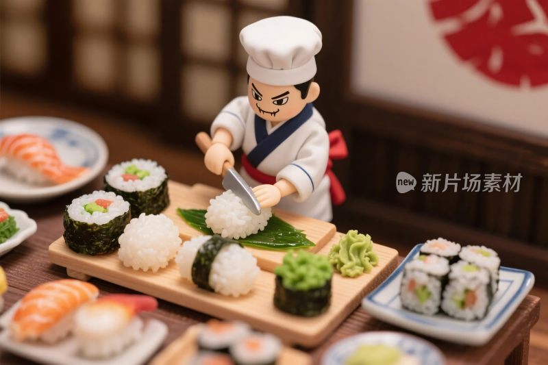 微型厨师制作寿司场景