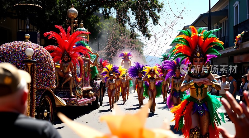 狂欢节盛装游行色彩斑斓的队伍华丽的车队节日气氛浓厚