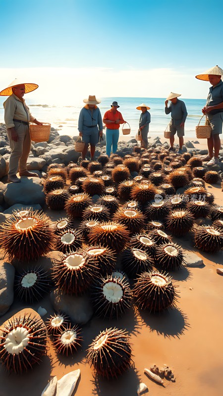 海滩上的海胆丰收
