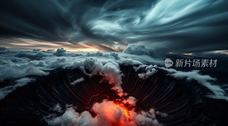火山喷发熔岩与云雾交织的天空奇观