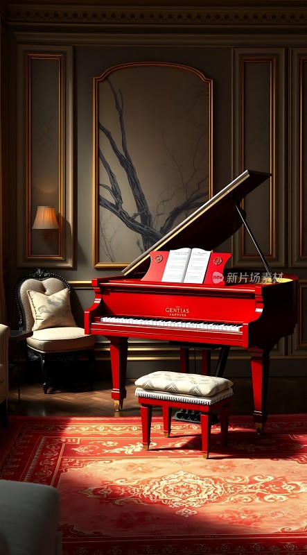 红色钢琴与优雅房间的完美结合