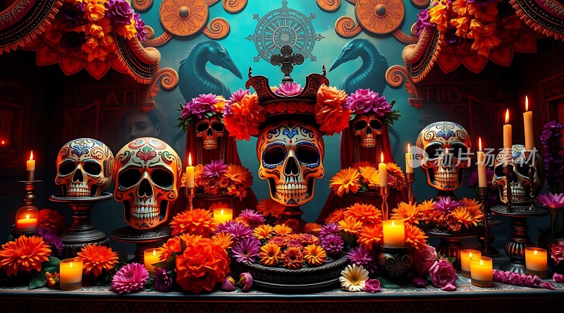 彩色骷髅花烛祭坛