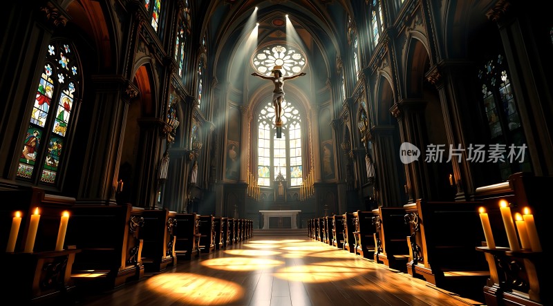 教堂内部光影交错十字架高悬蜡烛摇曳生辉