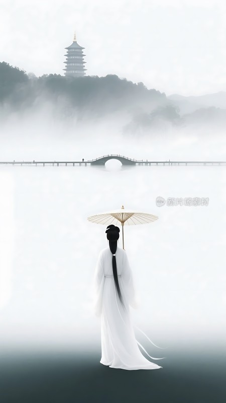 雾中楼阁白衣佳人撑伞立