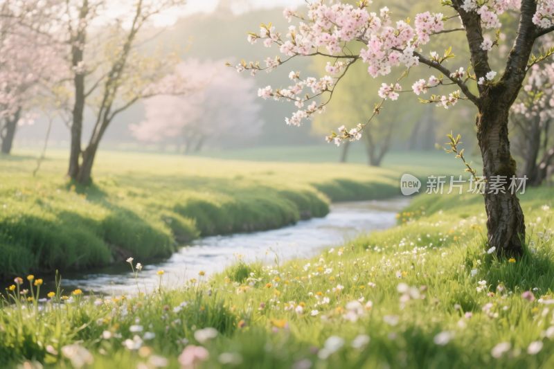 春日溪流樱花风景