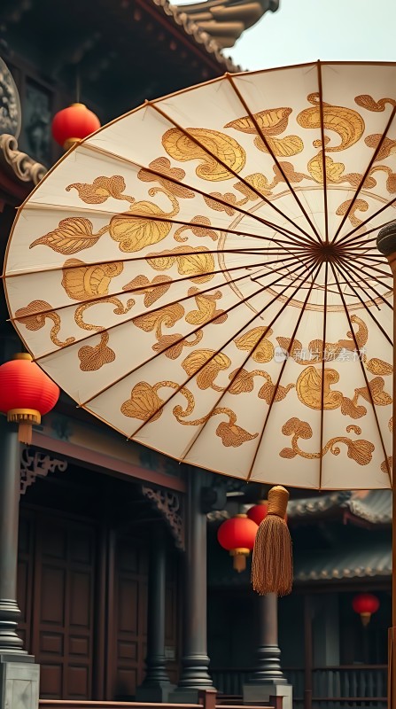 古风油纸伞映衬下的传统建筑