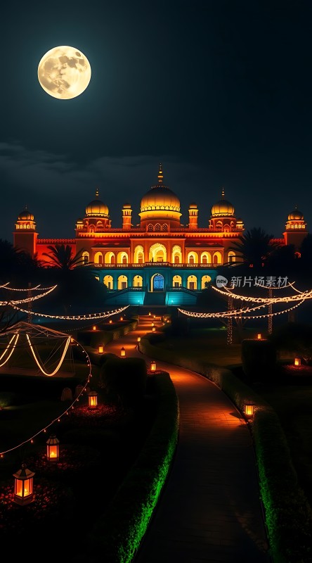 月下宫殿灯光璀璨绿意盎然