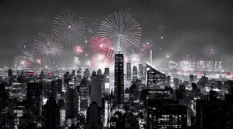 烟花璀璨夜空下的城市轮廓