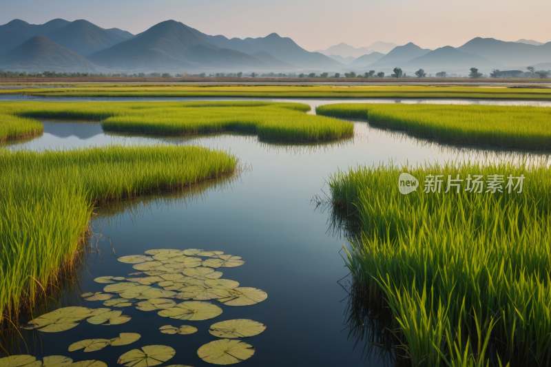 草地睡莲和山脉高清风景图片