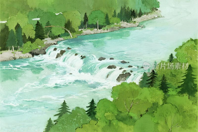 森林瀑布风景插画