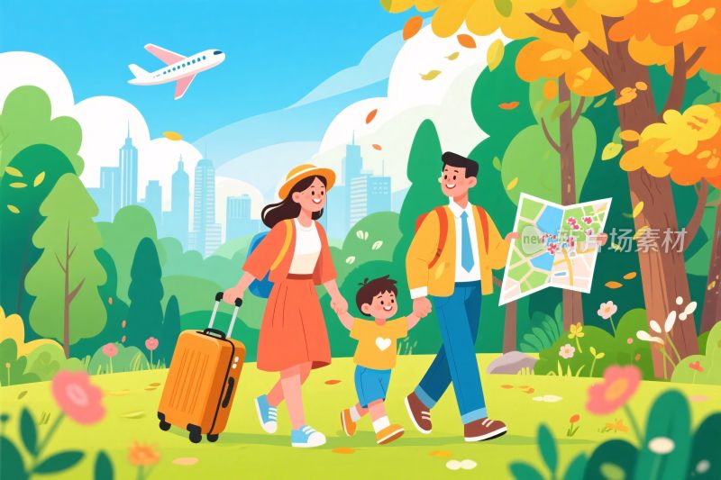 一家人户外旅行插画场景